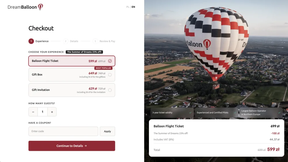 then the checkout, booking a balloon flight ticket
