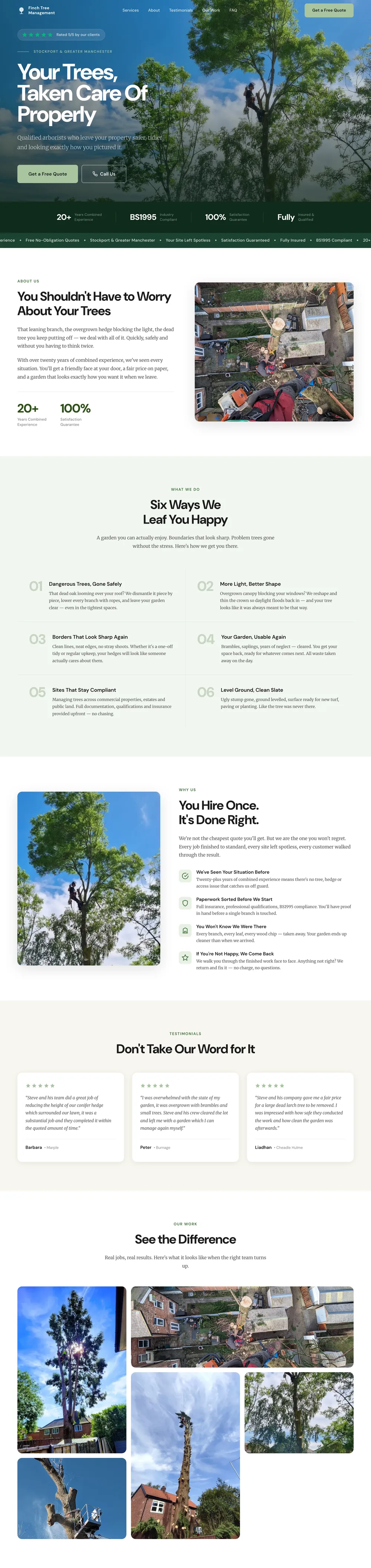 Finch Tree Management website, scrolling down the home page