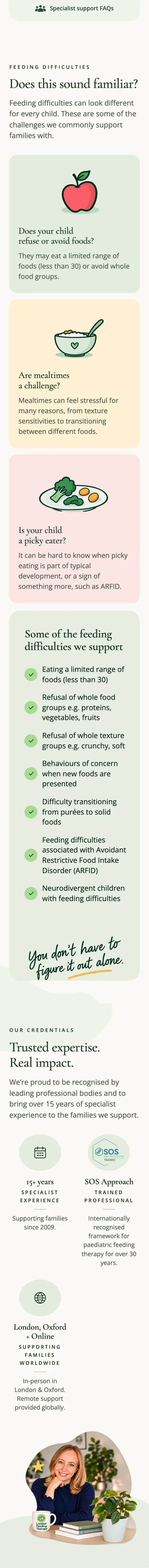 London Feeding Therapy mobile site, scrolling through the feeding difficulties section